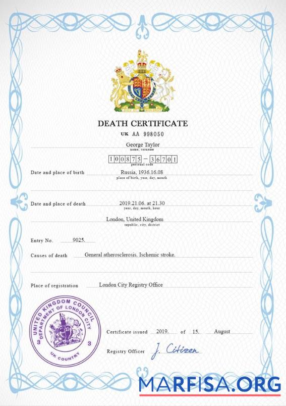 Printable United Kingdom death certificate PSD template, completely editable